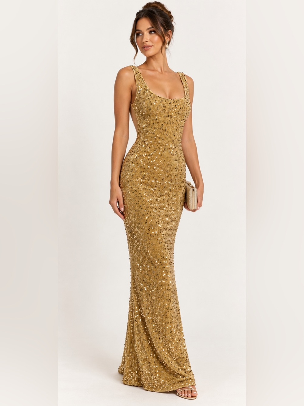 NWT Gold Sequin Velvet Open Back Maxi Dress US 4 Formal evening gown pageant